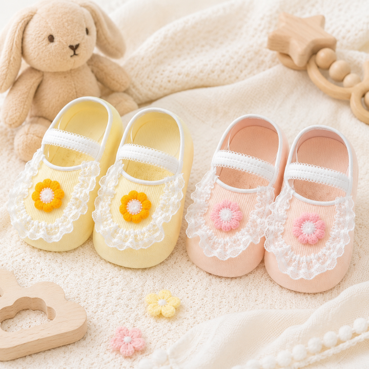 Two pairs of baby socks in yellow and peach with flower accents and white lace