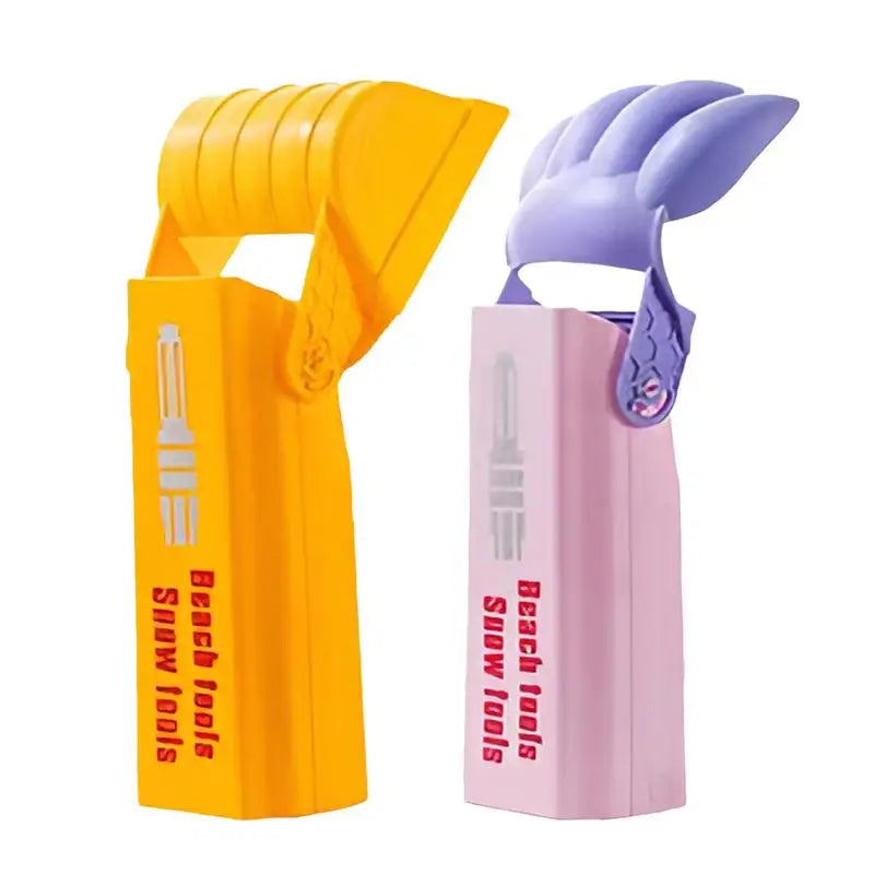 Yellow and pink sand grabbers shown side by side with raised scoops