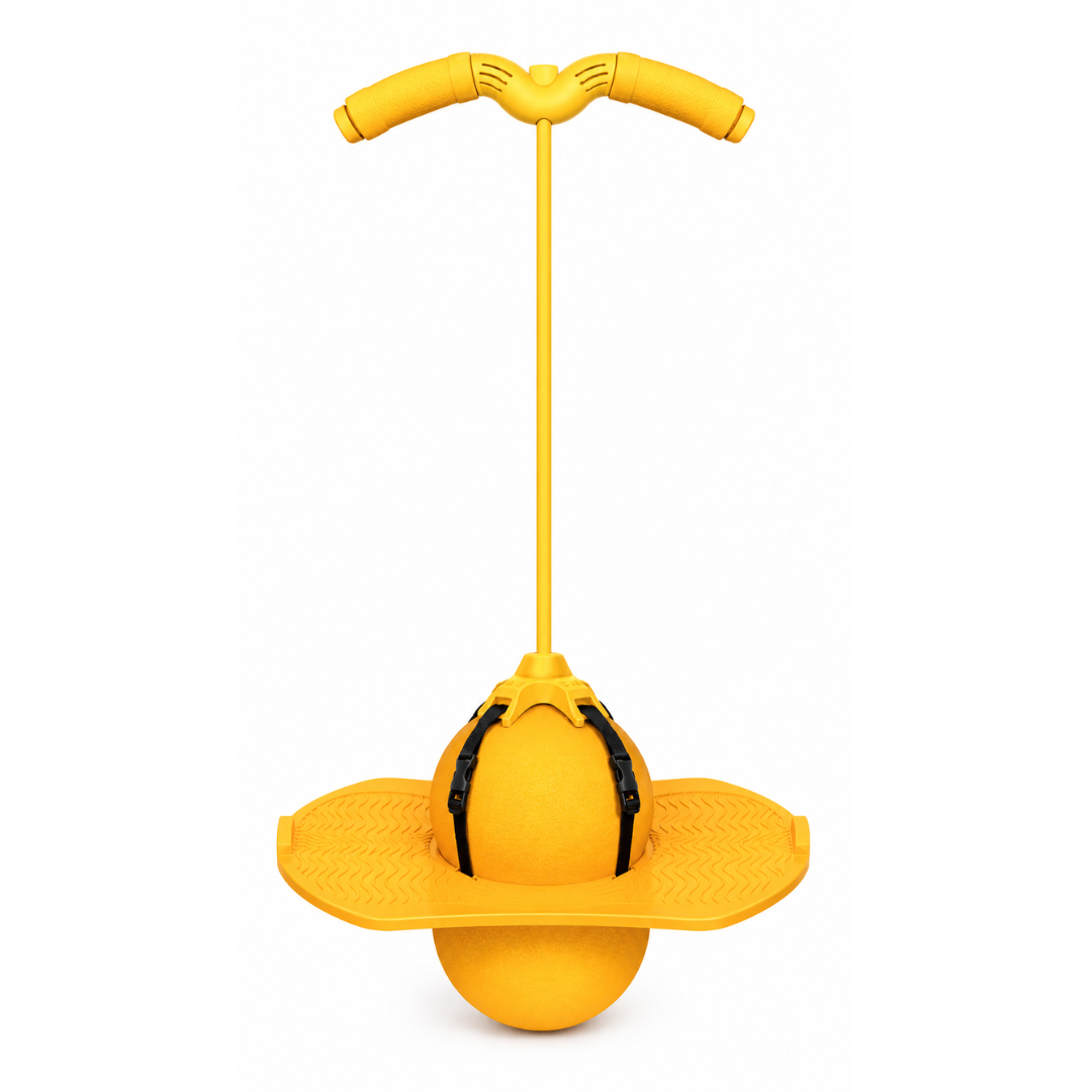 Yellow balancing pogo stick with matching handlebars and a wide foot platform
