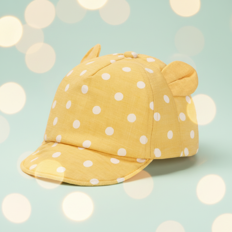 Yellow cap with white polka dots and rounded fabric ears.