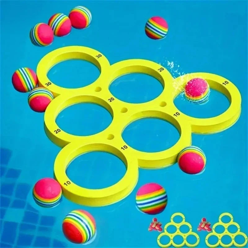 Yellow polygon ring target floating on blue water with colorful balls