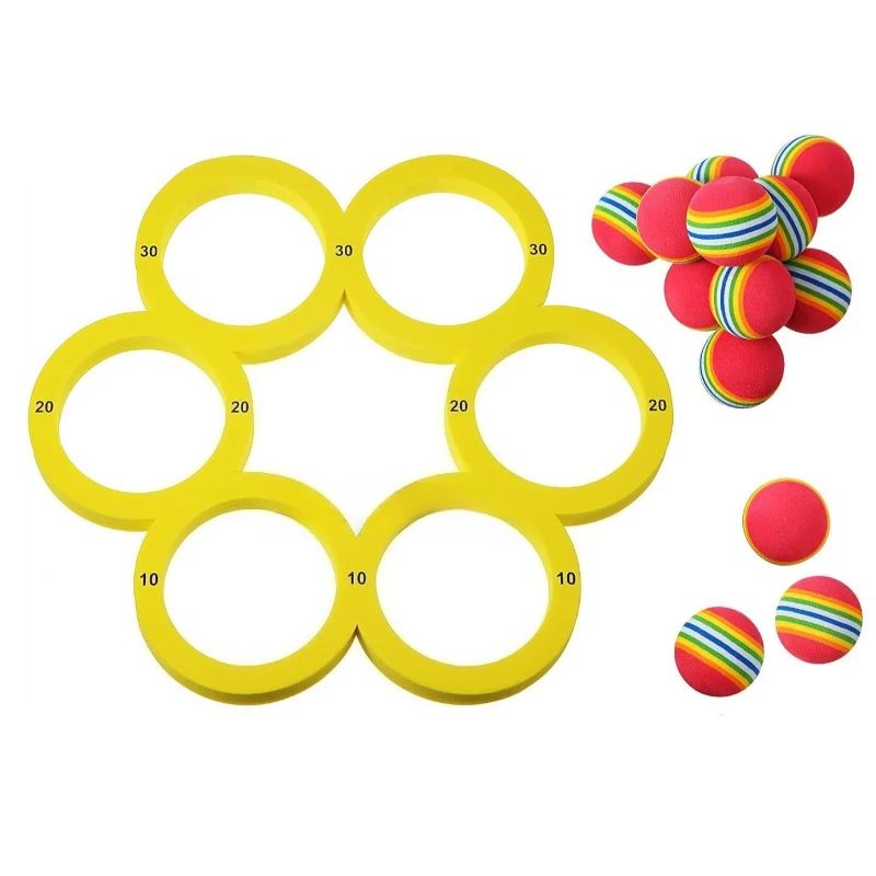 Yellow polygon-shaped six-ring pool game frame with multicolored balls