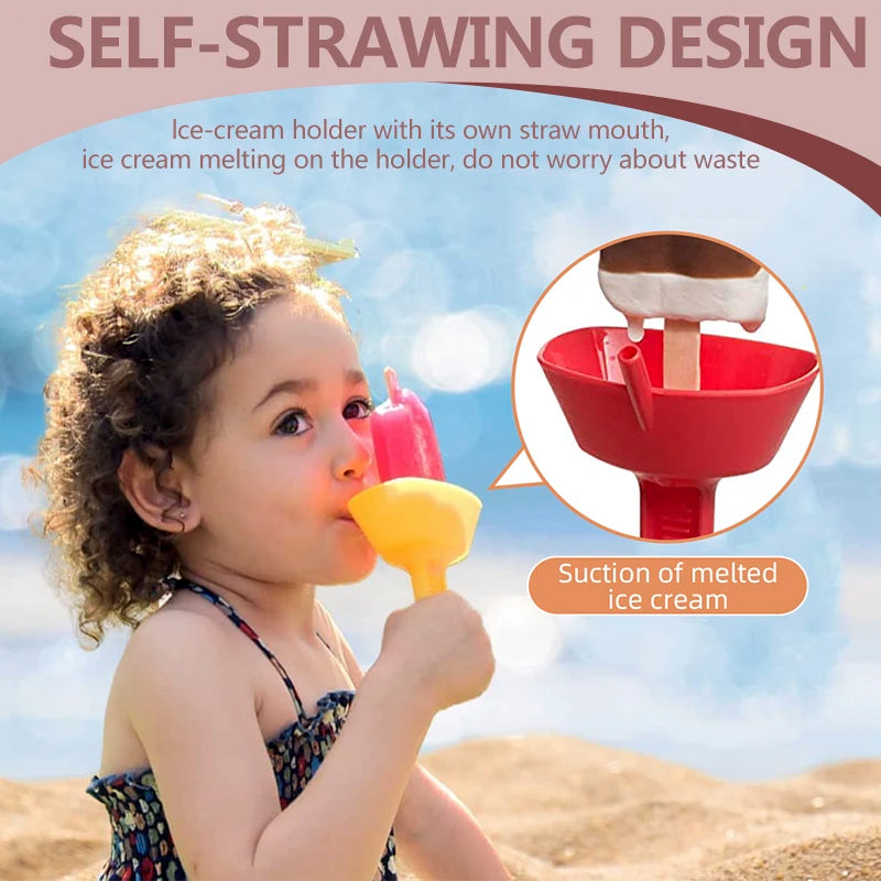 Child using a yellow popsicle holder with a close-up of the built-in sipping straw