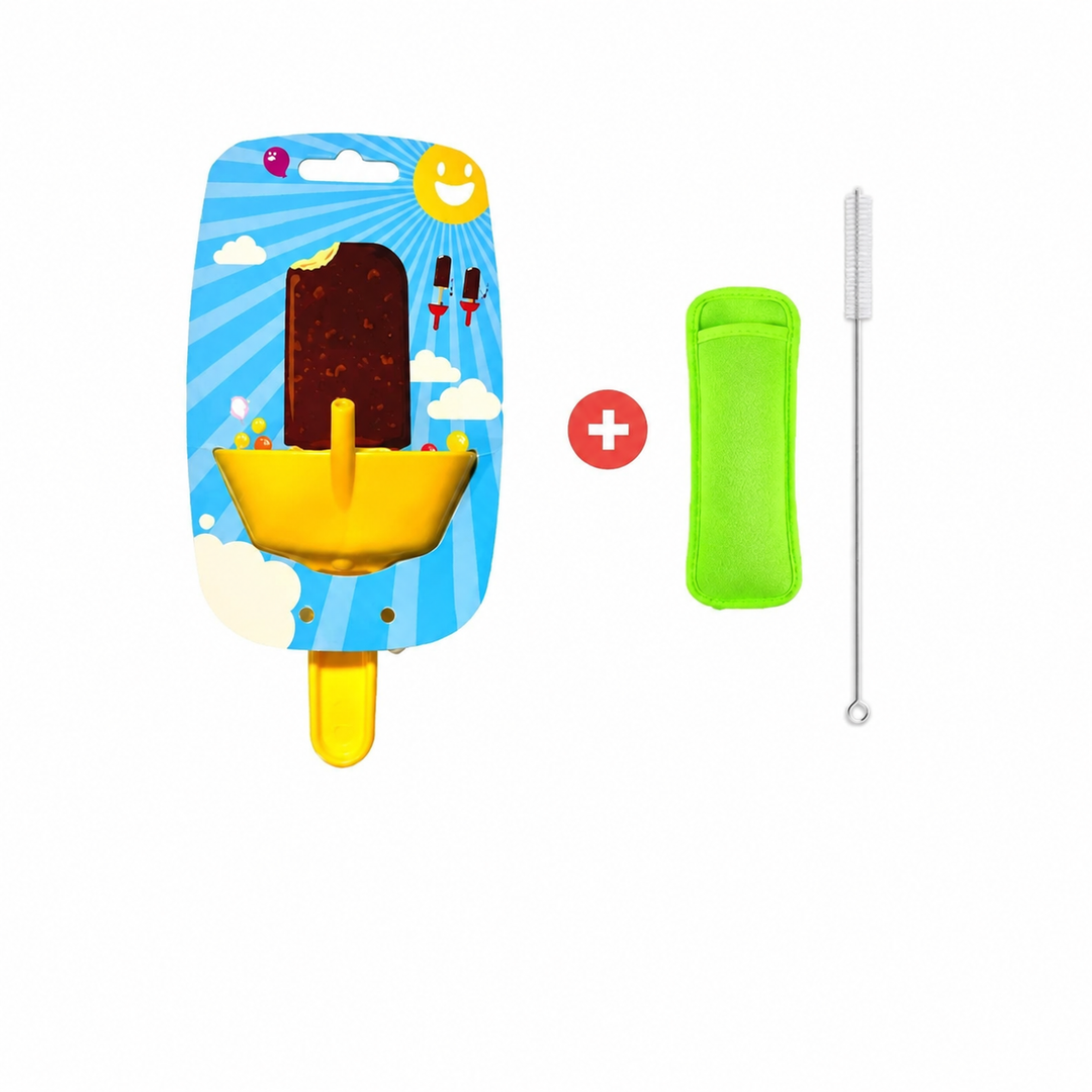 Yellow popsicle holder in packaging beside a green sleeve and slim cleaning brush