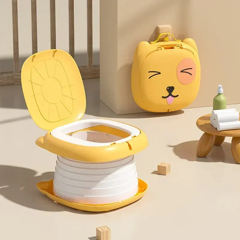 Yellow portable potty shown expanded with its lid open and folded with its handle visible