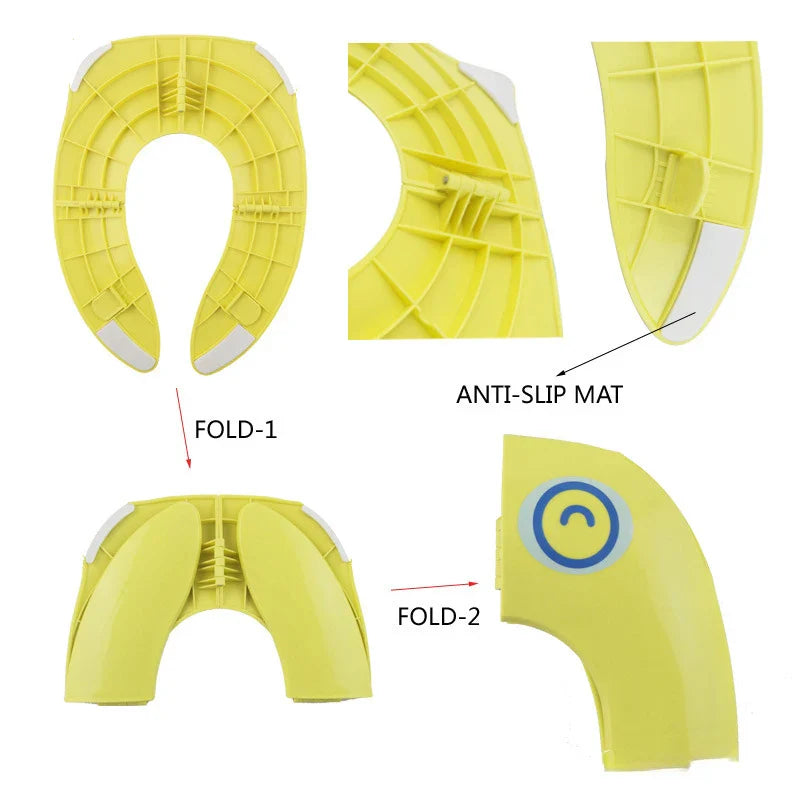 Yellow toilet training seat diagram showing folding steps and non-slip pad detail