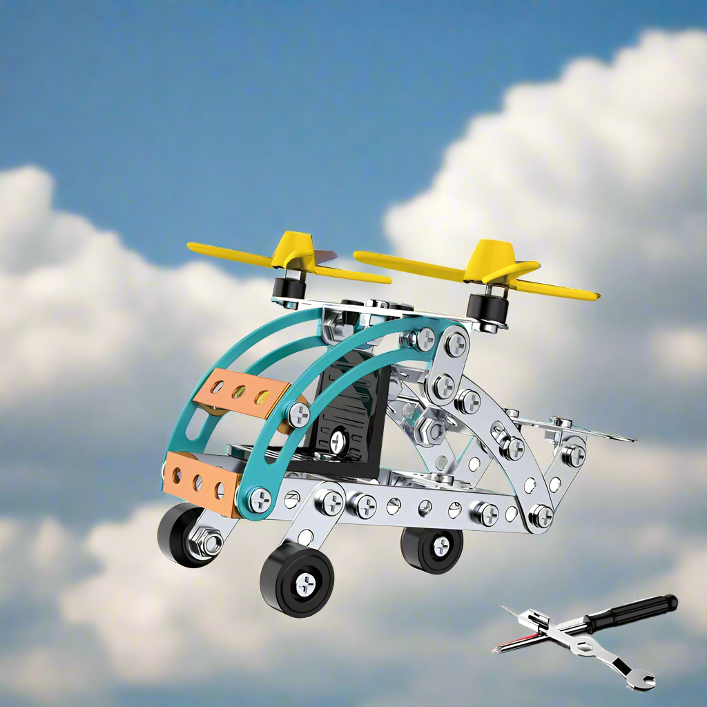 Wheeled metal aircraft model with yellow top propellers and a teal cockpit frame