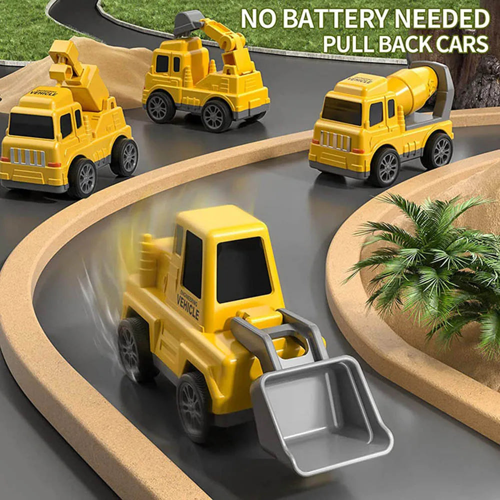 Yellow pull-back construction vehicles shown on a curved play road