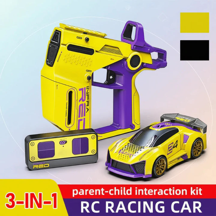 Yellow RC car with a purple-trimmed pistol-shaped controller and handheld remote