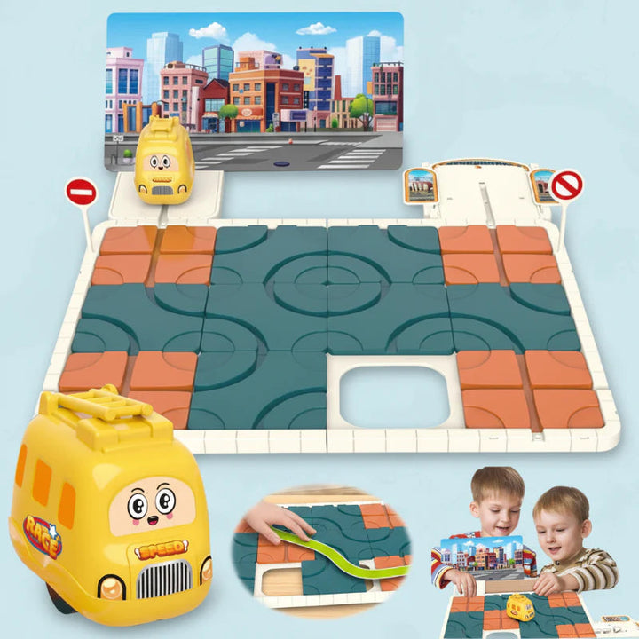 Puzzle board and yellow car close-up with insets of sliding tiles and children playing