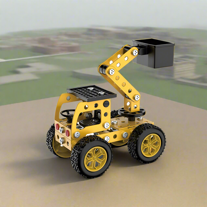 Yellow metal construction vehicle model with a raised arm and square black bucket
