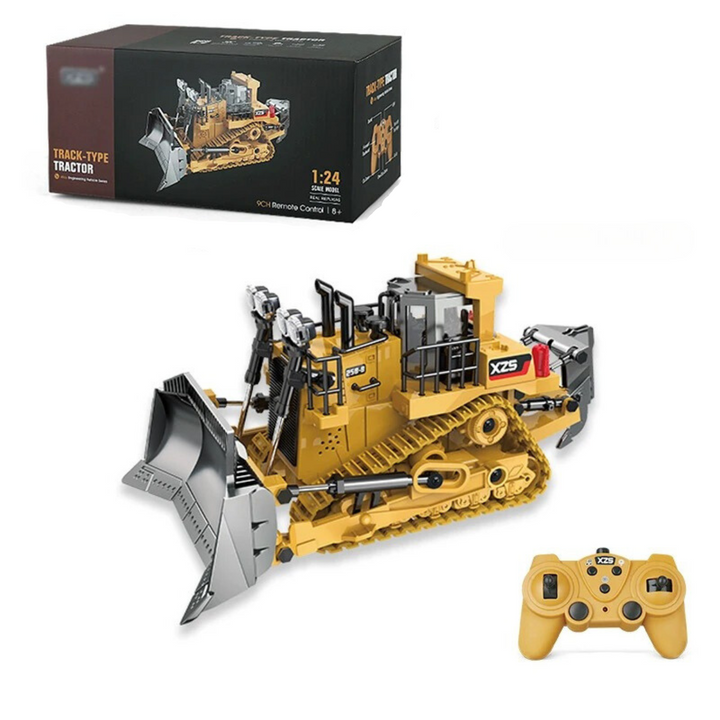 Yellow tracked RC bulldozer with a wide front blade, remote control, and box