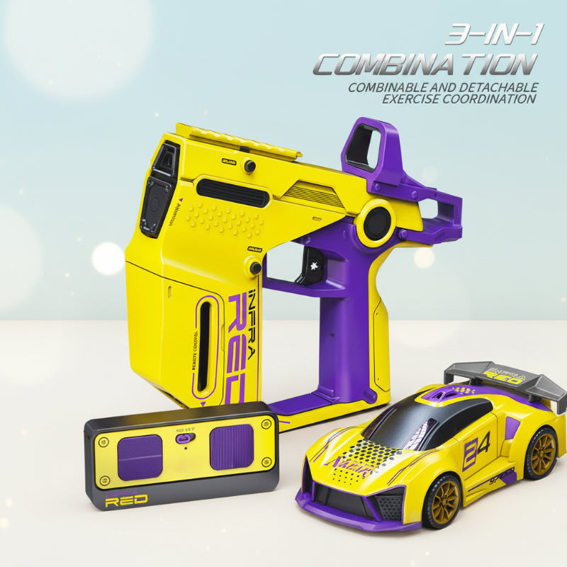 Yellow RC car, handheld remote, and detachable pistol-shaped controller