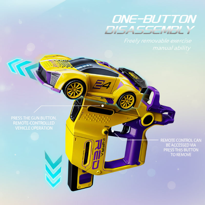 Yellow RC car and pistol-shaped controller showing the detachable design
