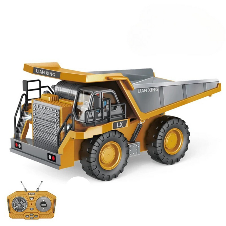 Yellow RC dump truck with a gray tipping bed and matching remote control