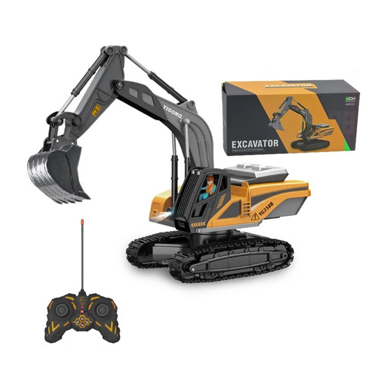 Yellow tracked RC excavator with a gray arm, black remote control, and retail box