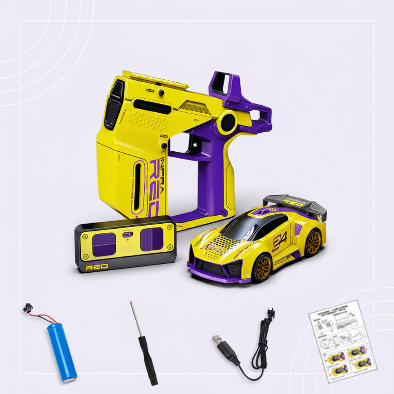 Yellow RC car set with two controllers, rechargeable battery, USB cable, screwdriver, and instructions