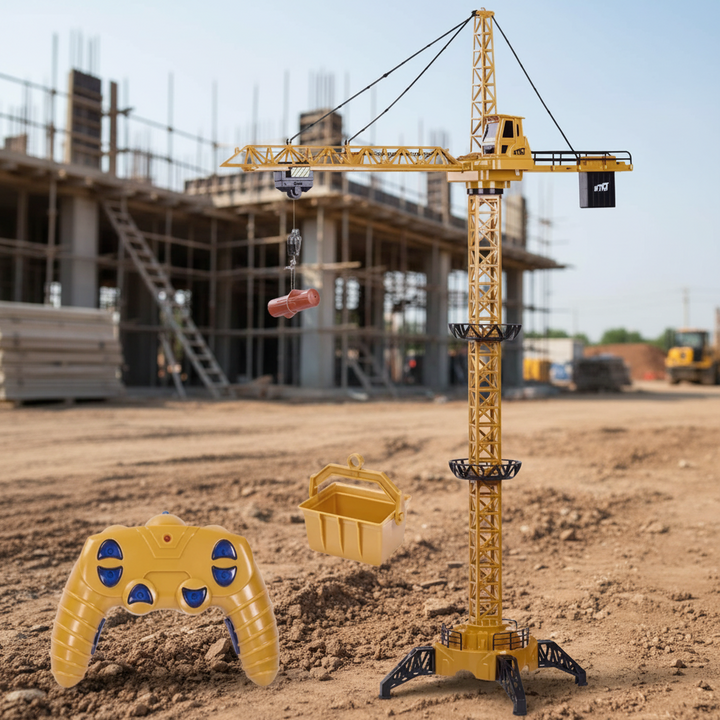 Yellow RC tower crane with a handheld controller and lifting bucket in a construction setting.
