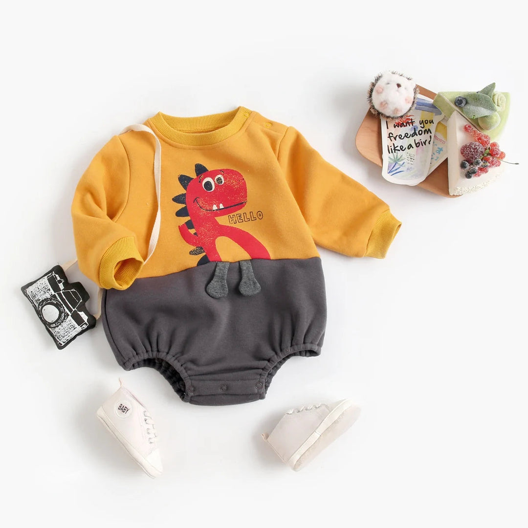 Yellow long-sleeve baby romper with a red dinosaur and dark gray bottom
