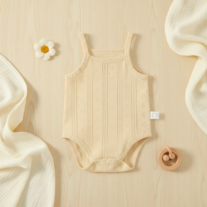 Yellow ribbed baby bodysuit with thin straps displayed beside a daisy