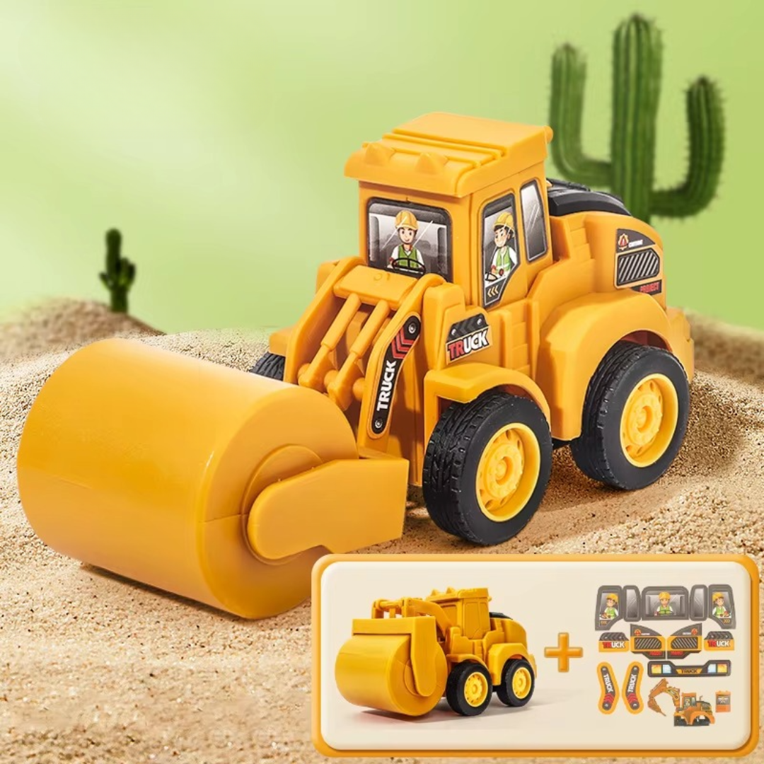 Yellow toy road roller with a wide front drum and black wheels