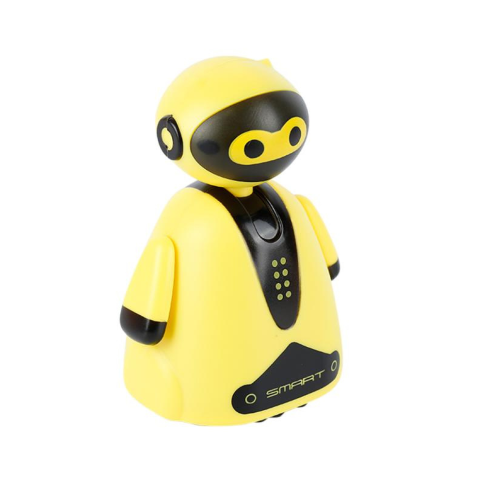 Angled front view of a yellow robot toy with a black face panel and body accents.