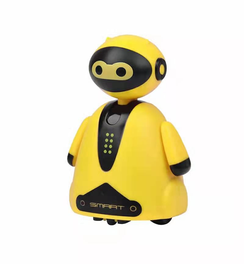 Front view of a yellow robot toy with a black face panel and small wheels underneath.