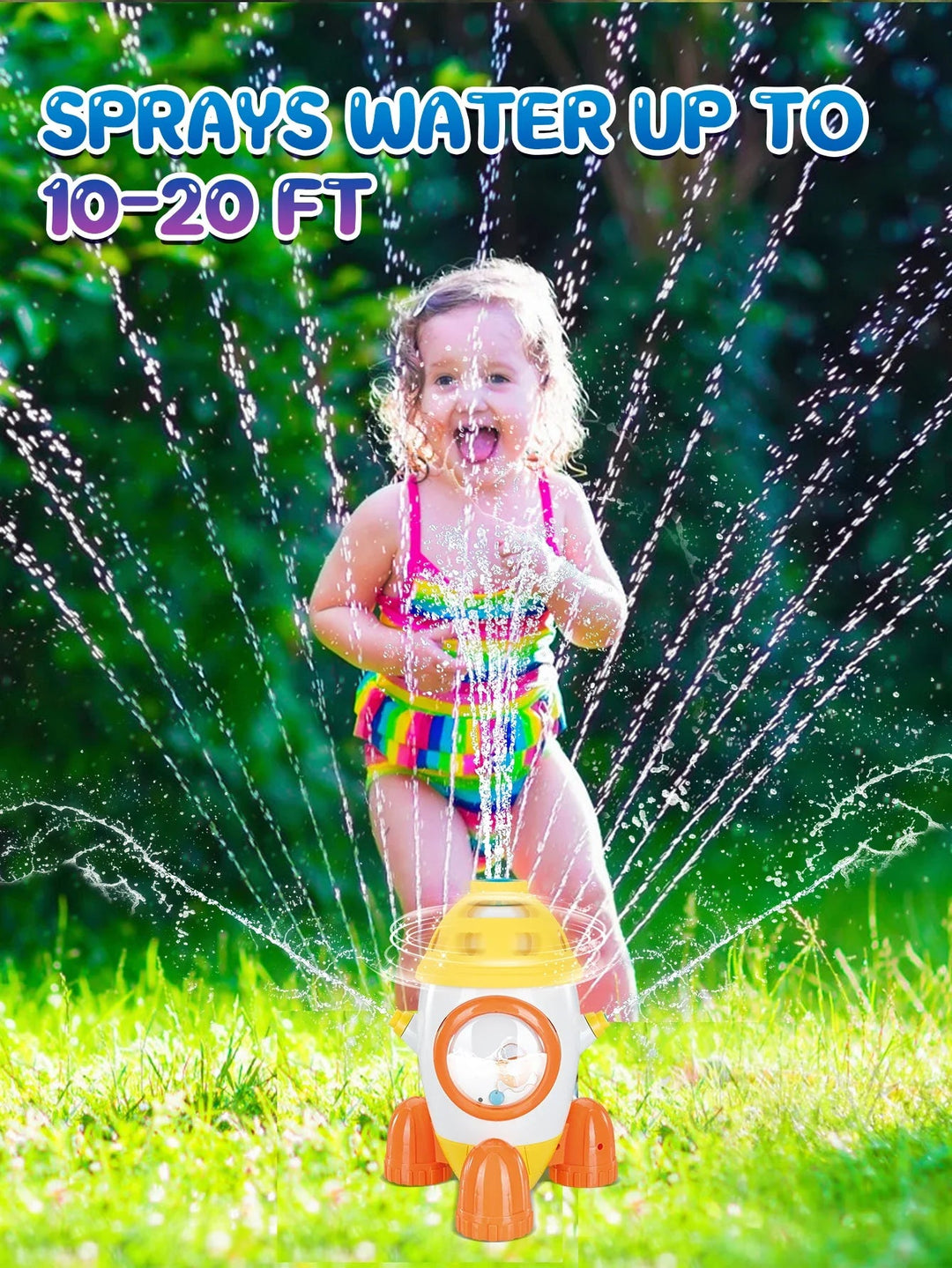 Child playing behind a yellow rocket sprinkler as water sprays across the lawn