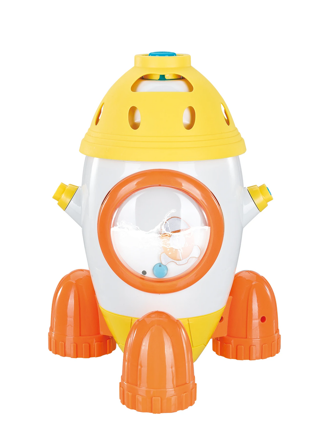 Yellow rocket sprinkler with a white body, orange window rim, and orange feet