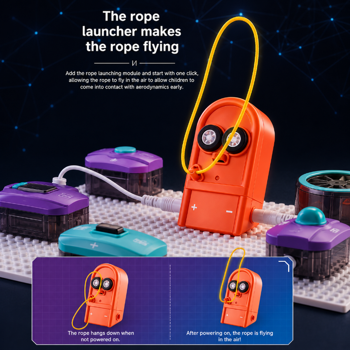 Orange rope-launcher module lifting a yellow loop in a circuit setup