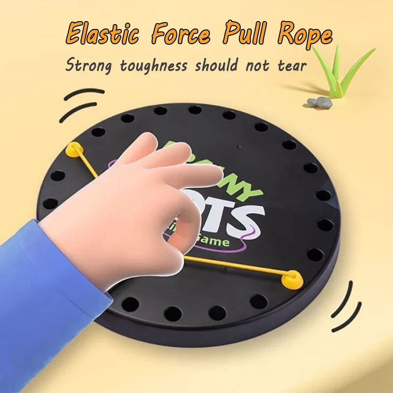 Illustration of a hand pulling a yellow rope across a round black puzzle board