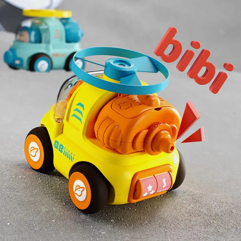 Yellow toy car with a blue roof rotor, orange front whistle, and illustrated sound marks