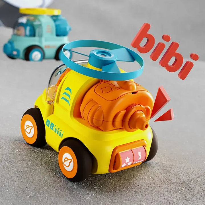 Yellow toy car with a blue roof rotor, orange front whistle, and illustrated sound marks