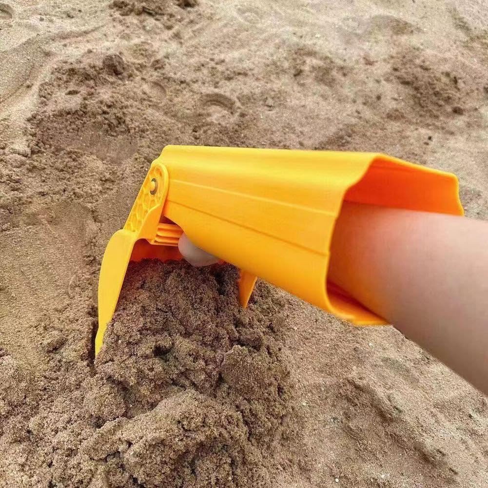 Yellow sand grabber scooping sand with a hand inside the arm-style body