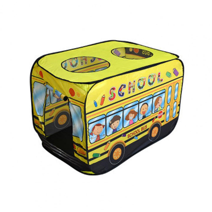 Yellow school bus play tent with printed passengers and round roof openings