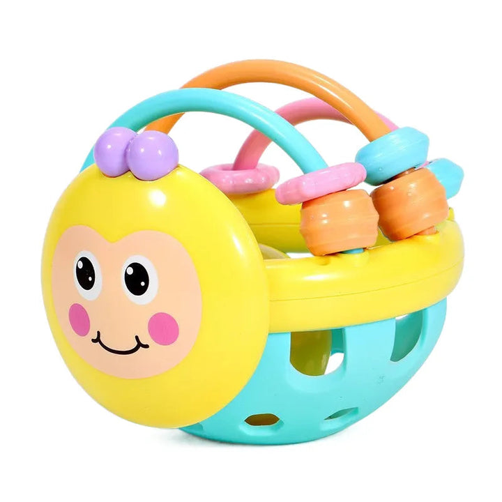 Yellow sensory chew toy with a turquoise base, curved arches, and colorful rings
