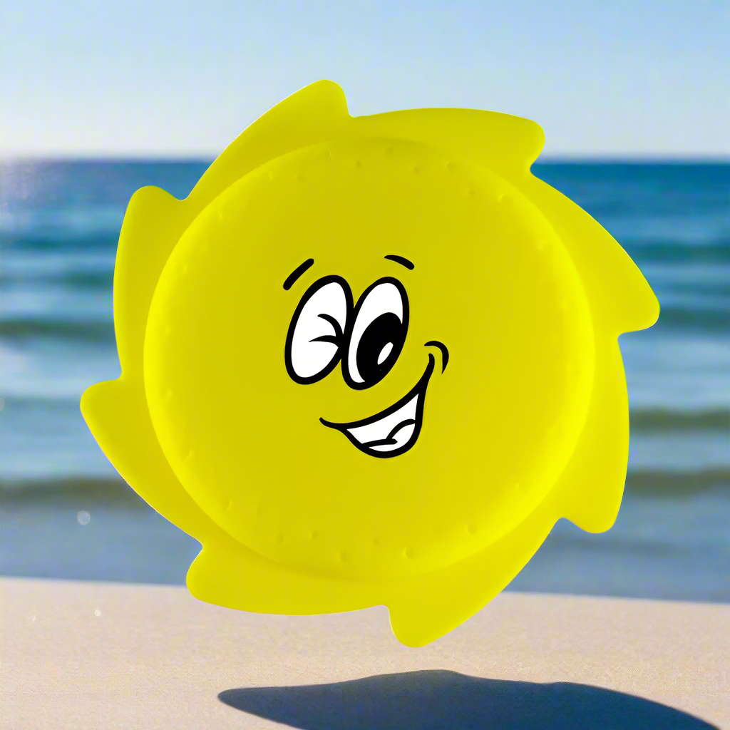 Yellow silicone water flying disc with a smiling cartoon face
