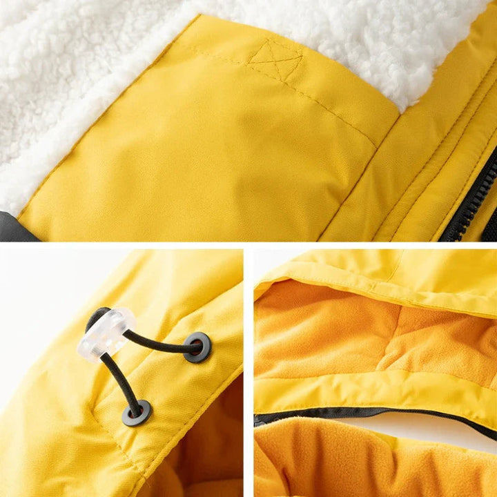 Yellow ski jacket details showing fleece lining, a drawcord toggle, and the hood interior