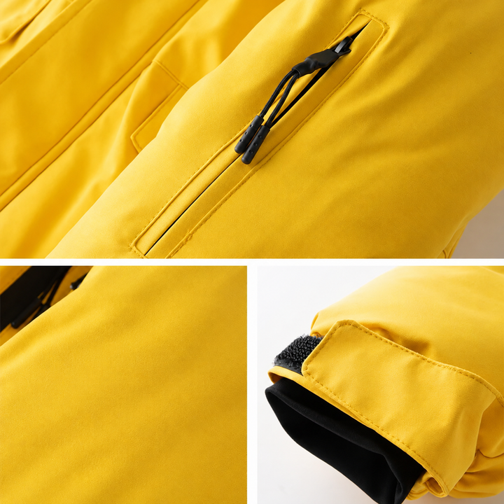 Close-ups of a yellow ski jacket pocket zipper and cuff strap