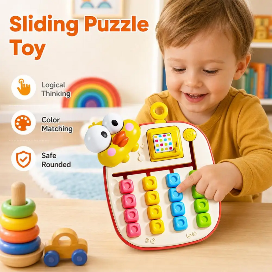 Child in a yellow shirt moving tiles on the yellow bird-themed puzzle