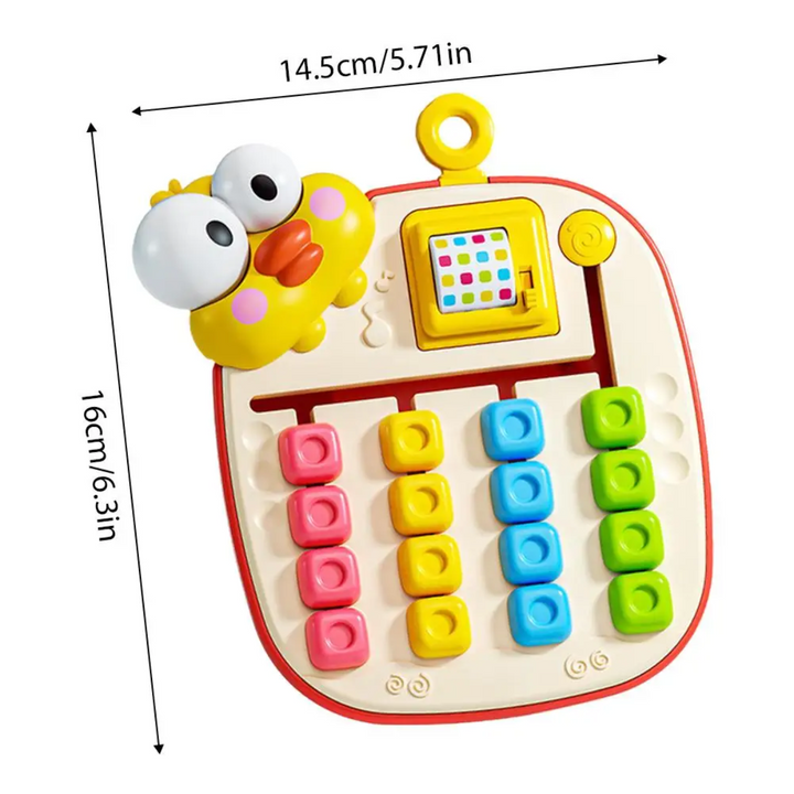 Yellow sliding puzzle with measurements of 14.5 cm wide and 16 cm high