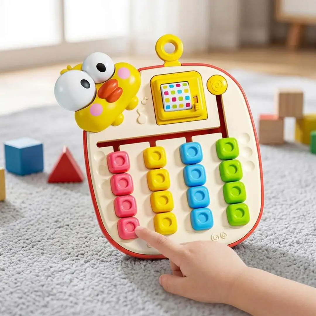 Hand touching a pink tile on the yellow bird-themed sliding puzzle