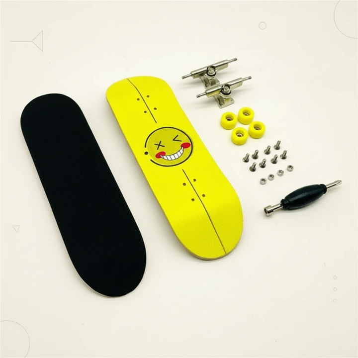 Yellow smiley-face fingerboard deck with a black grip pad, yellow wheels, trucks, hardware, and a tool.