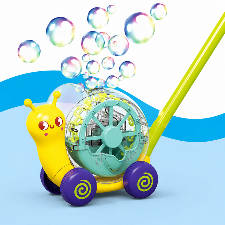 Yellow snail bubble blower with purple wheels, a green push handle, and bubbles overhead