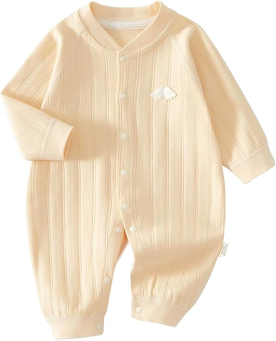 Yellow cotton baby romper with front snaps and ribbed wrist and ankle cuffs