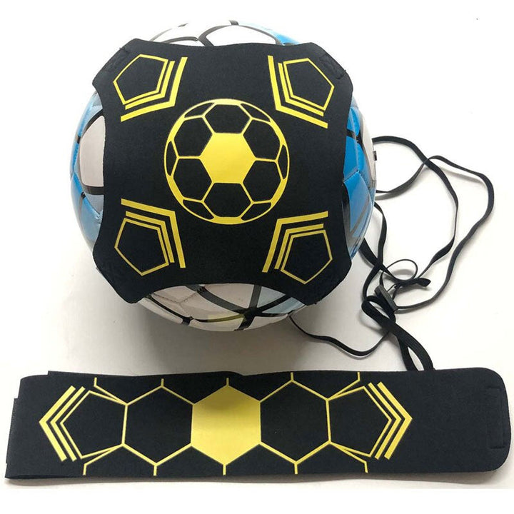 Soccer-pattern holder wrapped around a ball, with a matching black and yellow waist belt