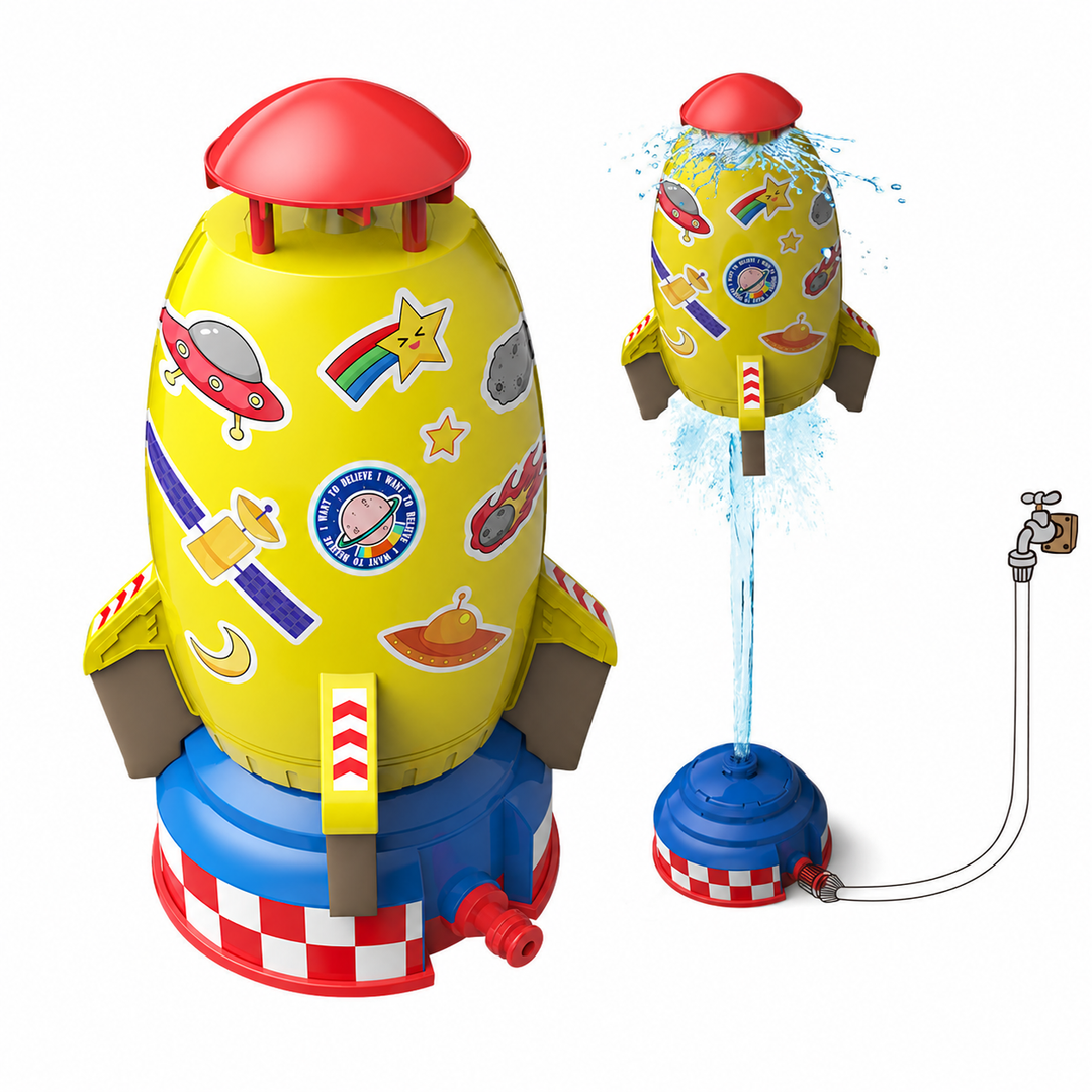 Yellow space-themed rocket sprinkler on a blue base and lifted by a water jet
