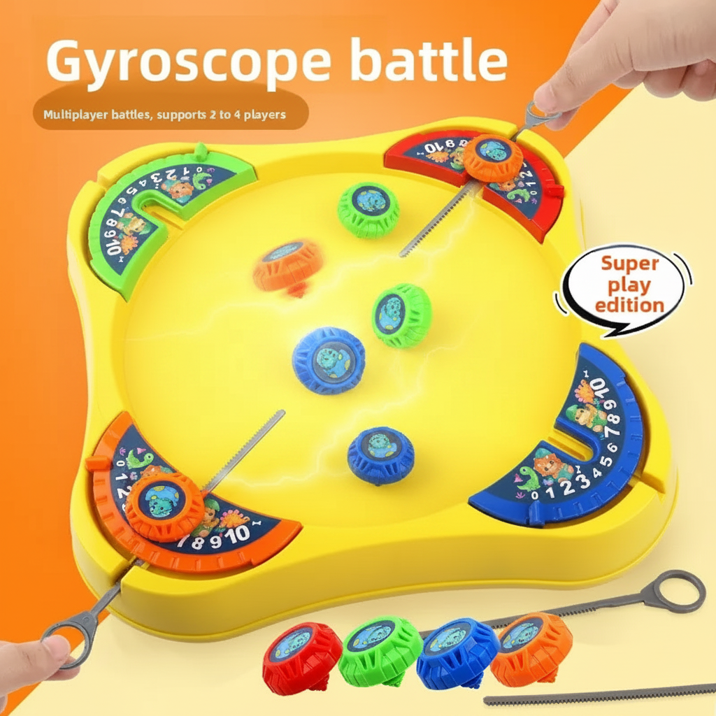 Yellow spinning top game board with colored tops, corner launch stations and pull strings.