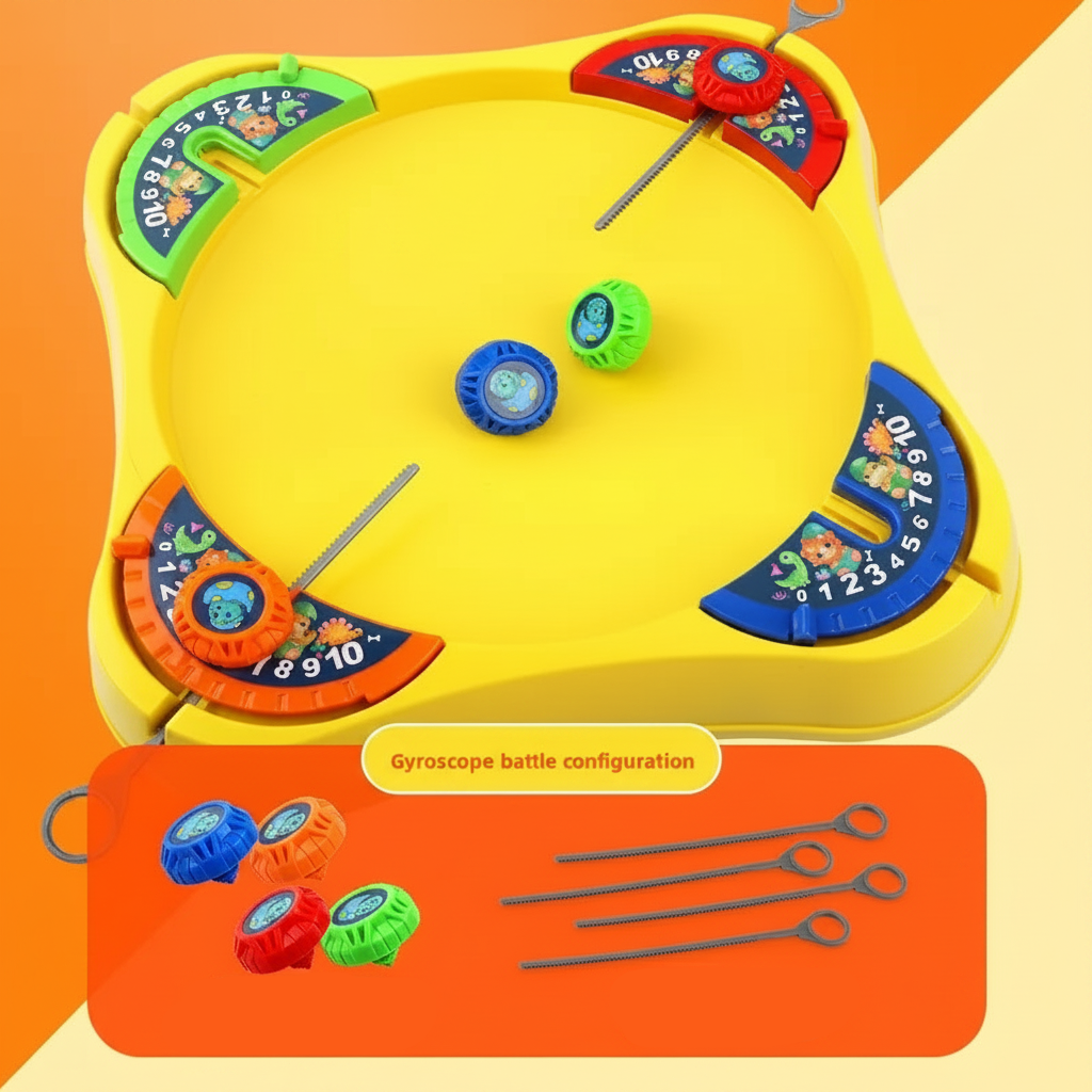 Yellow spinning top game set with a board, four colored tops and pull strings.