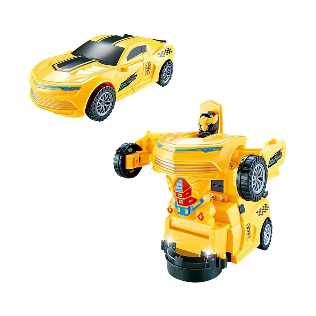Yellow sports car toy shown in vehicle and robot forms